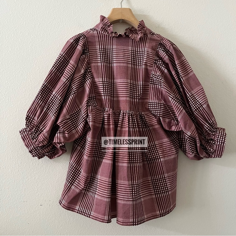 Never a Wallflower. High Neck Top Red Burgundy/White Cotton Plaid. - Picture 4 of 4
